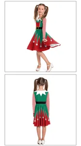 Vues avant et arrière de la robe d'elfe de Noël à manches longues pour filles avec imprimés
