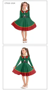 Vues détaillées de face et de côté de la robe de Noël style elfe à manches longues pour filles