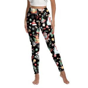 Women Christmas Printed Leggings High Waisted Yoga Pants Festive Santa Snowman Reindeer Pattern Slim Elastic Trousers