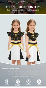 Detailed view of K-POP girl group stage outfit for kids with elastic fabric and golden trim