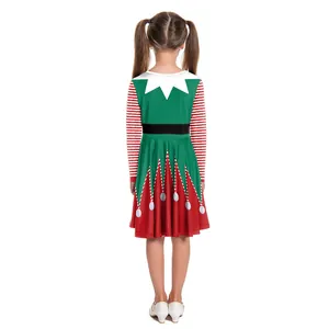 Robe de Noël elfe pour fille à manches longues, rayures rouge et vert, vue arrière