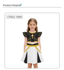 Detail of K-POP style kids dance outfit with gold trim and metallic chain accents