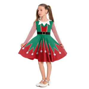 Robe de Noël pour filles motif lutin avec corsage vert et manches longues rayées rouge blanc