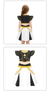 Close-up of girls' K-pop stage outfit with gold trim and starry print pattern