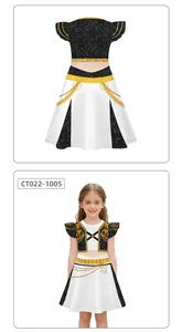 Detail of girls' K-POP stage outfit featuring sequins and golden chain belt accessories