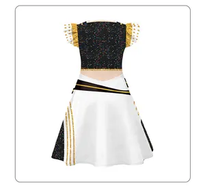 Detail of two-piece K-pop costume with sequin crop top and white striped skirt