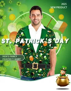 Detail of St. Patrick’s Day men's shirt with shamrock, gold coins, and leprechaun prints