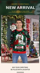 Detail of eco-friendly digital print on high-quality Christmas snowman reindeer sweatshirt