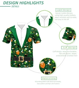Close-up of digital shamrock printing and durable buttons on St. Patrick's Day men's shirt