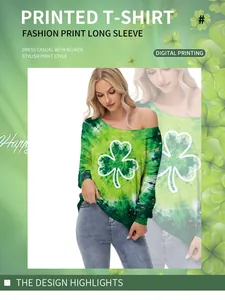 Detailed view of women's off-shoulder St. Patrick's Day top with shamrock print