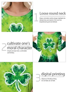 Detail view of round neck and vibrant green clover digital printing on the festival top