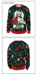 Front and back views of a black Christmas sweater with snowman and snowflake prints