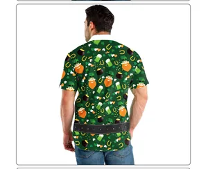 Back view of St. Patrick's Day men shirt with leprechaun and shamrock digital prints