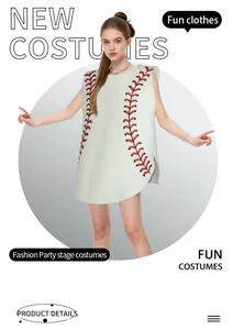 Detail of grey baseball costume showing red stitch pattern for stage performance and parties