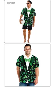 Close-up of St. Patrick's Day shamrock print shirt with tuxedo and bowtie design