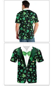 Detail of St. Patrick's Day shirt featuring shamrock patterns and a faux green tuxedo design
