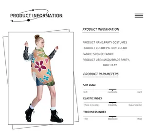 Detailed view of the sponge fabric party costume with colorful egg patterns and size chart