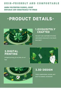 Detail of St. Patrick's Day green hat with 3D digital printed shamrock and leprechaun motifs