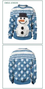 Front and back views of Christmas sweater with snowman and reindeer digital print graphics