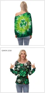 Detail of St. Patrick's Day off-shoulder top and shamrock print long sleeve shirts