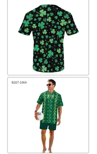 Detailed view of men's St. Patrick's Day shirt with green shamrock and clover prints