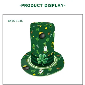 Detail of St. Patrick's Day top hat featuring green shamrocks and festive Irish patterns