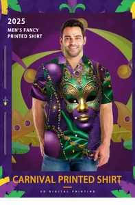 Detail of 3D digital mask print and carnival patterns on men's short sleeve shirt