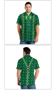 Front and back view of men's Saint Patrick's Day shirt with shamrock and suspender print