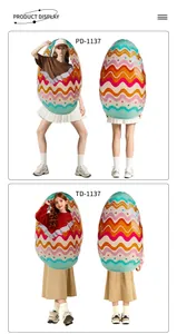 Front and back macro display of colorful Easter egg costumes for adults and children