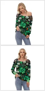 Detail of off-the-shoulder long sleeve top with green clover print for St. Patrick's Day