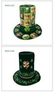 Detail of St. Patrick's Day green top hats with festive digital prints and clover patterns