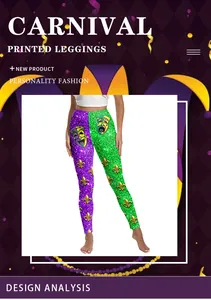 Close-up of Mardi Gras leggings with 3D golden mask and fleur-de-lis digital patterns
