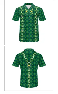 Front and back view of St. Patrick's Day shirt with clover print and suspender design