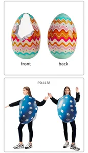 Detail view of colorful wave and blue polka dot egg costumes showing front and back