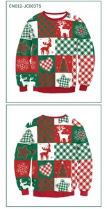 Front and back view of Christmas sweatshirt with snowman and reindeer patchwork print