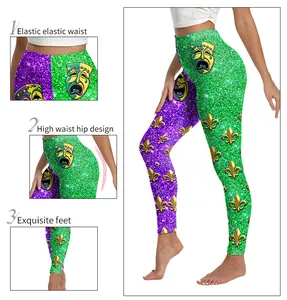 Detail of high waist yoga leggings with golden Mardi Gras mask and fleur-de-lis 3D prints