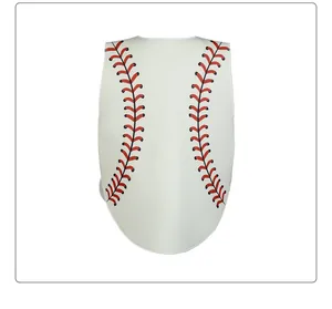 Detail of white baseball cosplay vest showing red stitching patterns and U-shaped hemline