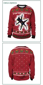 Detail of red Christmas sweatshirt featuring a black cat silhouette with colorful festive lights