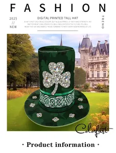 Detail of St. Patrick’s Day hat with 3D digital print and rhinestone clover pattern
