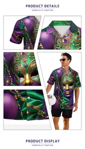 Detailed view of Mardi Gras themed 3D mask digital print on men's short sleeve shirt