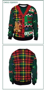 Detailed front and back view of Christmas sweatshirt with gingerbread man and plaid patterns