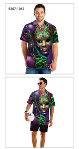 Detail of Mardi Gras men's shirt featuring 3D mask prints and vibrant festive patterns