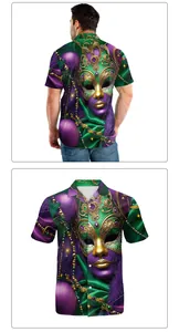 Detail view of Mardi Gras shirt featuring colorful carnival masks and feather prints