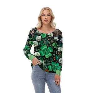 Women's St. Patrick's Day Shamrock Print Long Sleeve T-Shirt Tie-Dye Off-Shoulder Polyester Casual Green Holiday Festive Top