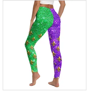 Close-up of glitter leggings featuring gold fleur-de-lis prints in green and purple colors