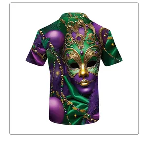 Detail showing high-quality Mardi Gras mask digital print on men's short sleeve shirt