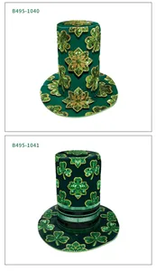 Detail of St. Patrick's Day green top hats with 3D shamrock prints and decorative stripes