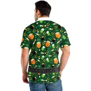 Men's St. Patrick's Day short sleeve shirt with green shamrock and leprechaun print