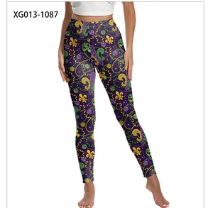 Detail of high-stretch yoga leggings with golden Mardi Gras mask and bead 3D digital print