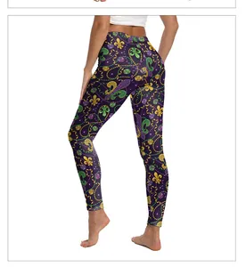 Close-up of high-waist yoga leggings with carnival golden mask and fleur-de-lis digital print